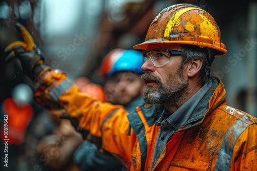A rugged miner, face hidden, carries out his demanding task on-site, helmet and safety gear tarnished from rigorous labor