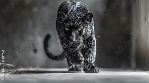  A leopard, depicted in black and white, strides on a concrete floor, its front paws firmly planted