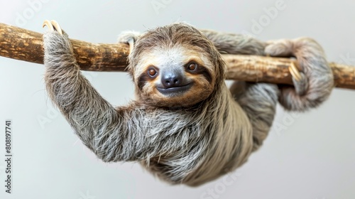  A sloth grinning, eyes widened, clings to a tree branch