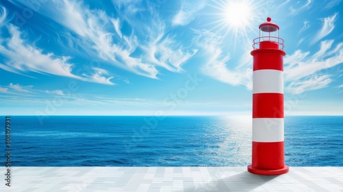  A red-and-white lighthouse sits atop a white-tiled floor, overlooking a vast body of water