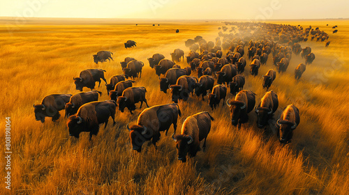 Drone shot capturing the movement of bisons across North American plains
