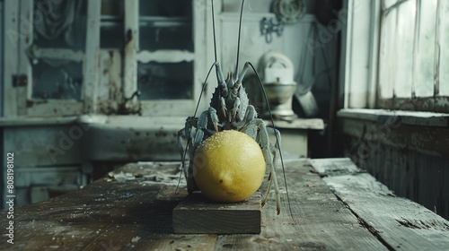  A lemon rests on a wooden table, near a spider on a separate piece of wood, both situated by a window