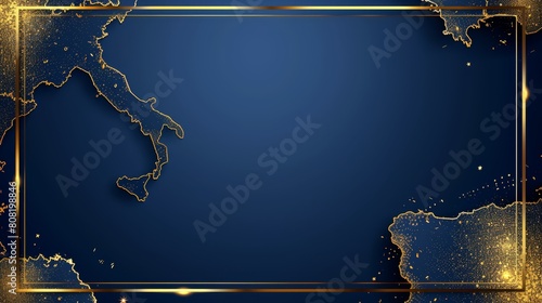  A golden rectangle's shape is portrayed by a blue-and-gold background, framed in gold, with Italy's map situated centrally within