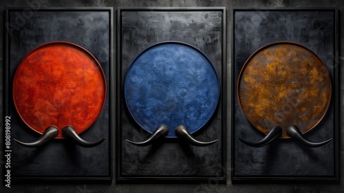  Three metal plates affixed to the wall adjacent to a red, orange, and blue sign adorned with horns