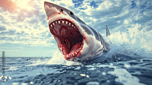  A great white shark with its jaws agape in the vast expanse of the ocean