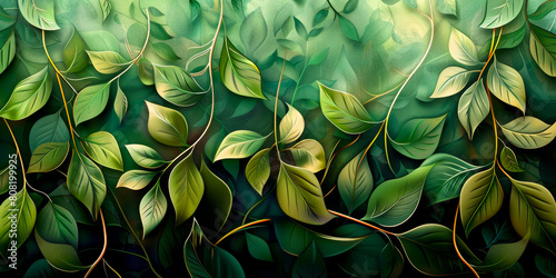 Botanical Motif Green Abstract Background - Floral Nature Pattern, Cultural Decor Design, Prosper Thrive Concept