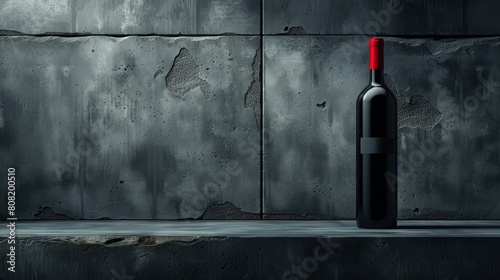  A bottle of wine on a ledge, situated in front of a red-lit wall