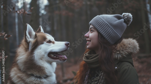 A contented woman and her faithful dog enjoy a serene walk in the forest