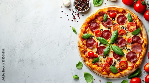 Frische Salami Pizza auf hellem Hintergrund mit Platz für Text