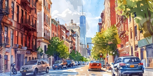 Watercolor-style illustrations of bustling city streets, alleys, and neighborhoods