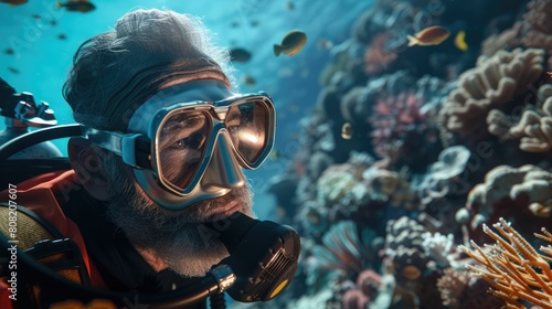 The picture of the diver is diving in the sea or ocean and wearing goggles and snorkel, the diver require skills like knowledge of the diving equipment and gear, buoyancy control and training. AIG43.