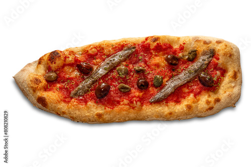 Mini boat-shaped pizza with tomato sauce, anchovies and olives and capers isolated
