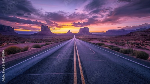 In the middle of an empty road leading to a mountain in monument valley at sunset.
