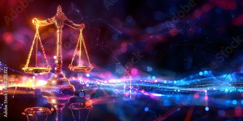 AI Scales of Justice in futuristic digital world promote fairness and equality. Concept Justice System, AI Technology, Digital World, Equality, Fairness