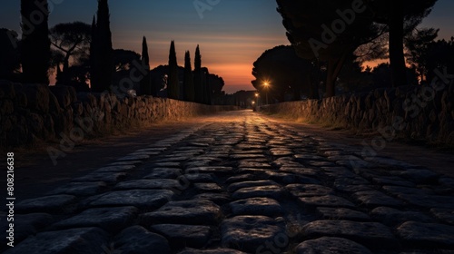 Roman road at twilight with flickering torches lighting the path