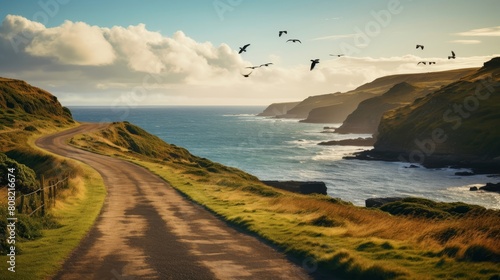 Roman road in coastal region with crashing waves and seagulls