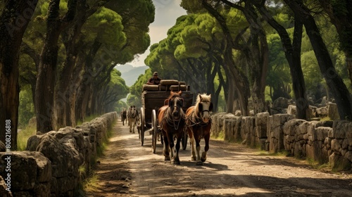 Roman road with travelers on foot horseback and carts showcasing ancient transportation diversity