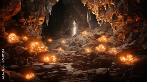Roman road meandering through a subterranean cavern glowing with crystals