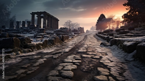 Roman road frozen in time with ancient chariots and pedestrians mid-motion