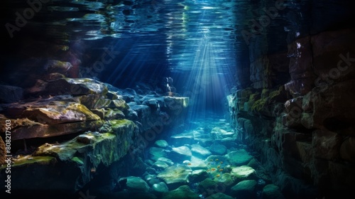 Roman road submerged in a subterranean river with luminescent fish swimming below