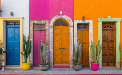 Doors and windows along a vibrant street, each painted in a different bright color.