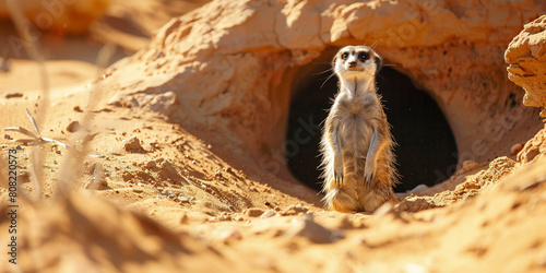 An image of curious meerkats peeking out of their burrow in the desert, standing on their hind legs to scan their surrounding