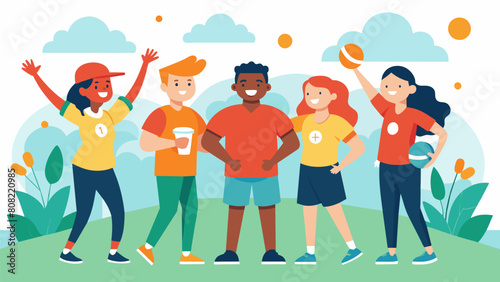 Friends and neighbors forming teams for a charity kickball tournament with fun team uniforms and chants.. Vector illustration