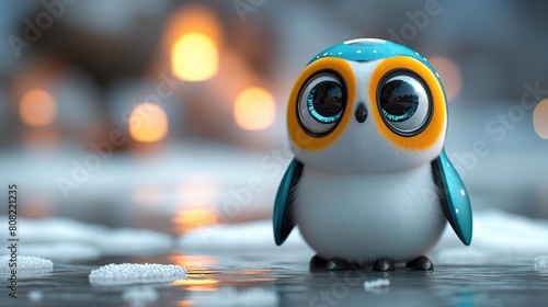 Endearing Robotic Owl with Large Expressive Eyes Standing by Reflective Icy Waters in a Cool Wintry Scene