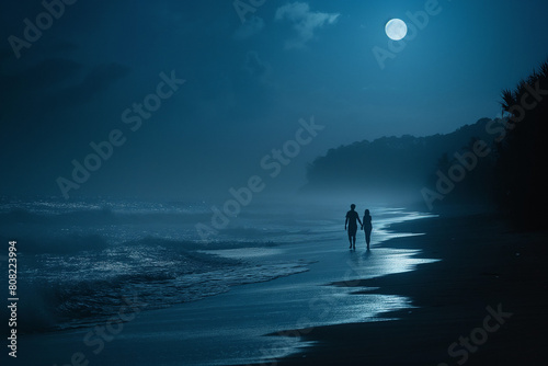 couple on a romantic walk along a moonlit beach
