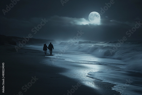 couple on a romantic walk along a moonlit beach