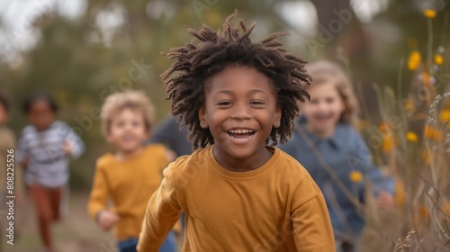 children playing in a park, laughing and running