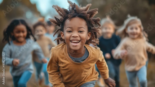 children playing in a park, laughing and running