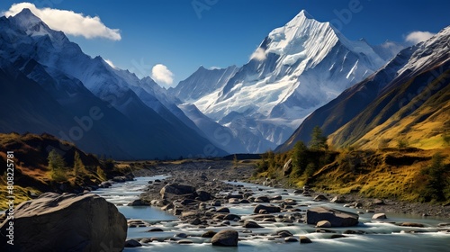 Beautiful panoramic view of New Zealand alps and river
