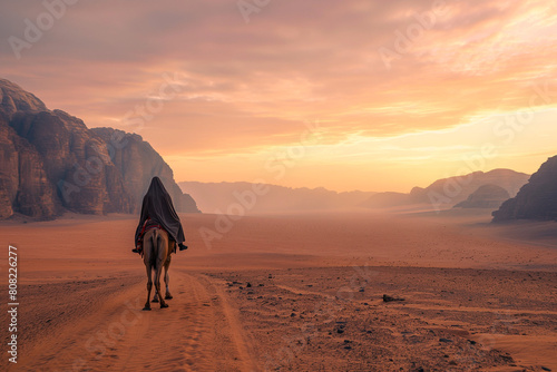 solo traveler riding camel in vast desert