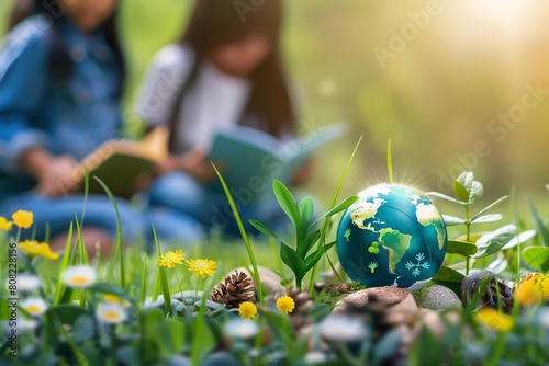 Bambine leggono un libro accanto al globo terrestre