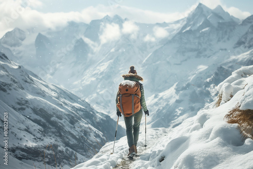 Solo traveler hiking up a snowy mountain path