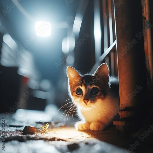 scared cat taking shelter at night