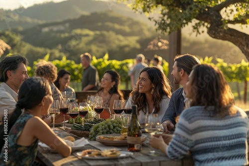 Friends relish in a wine tasting experience in a scenic vineyard