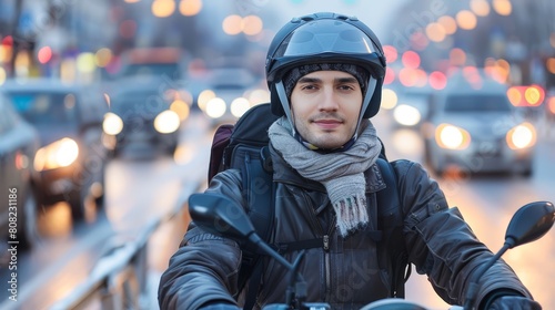  A man in helmet and scarf rides motorcycle on city street at night Traffic lights glow behind him