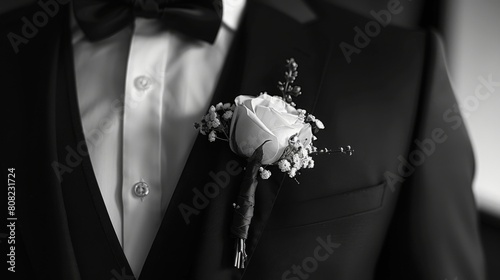 A sophisticated man in a sleek tuxedo proudly flaunting a stylish boutonniere