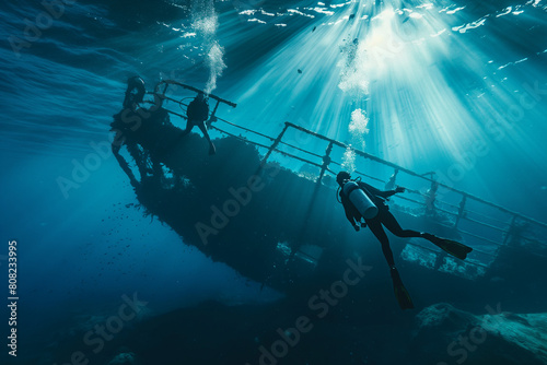 Couple exploring an underwater shipwreck while scuba diving