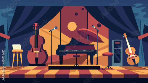 The stage was set with a grand piano a drum set and a double bass all ready to be played by the talented musicians who would take the audience on a Vector illustration