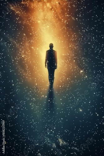 man walking middle galaxy human silhouette ascension general form portrait astral background above below clear high evolution immortality
