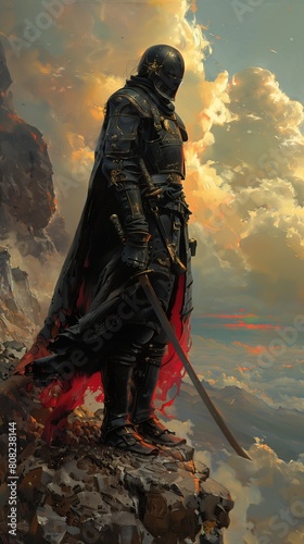 man armor standing mountain sword black cloak hidden shadows saints lord daggers cinder nationalist sentinel