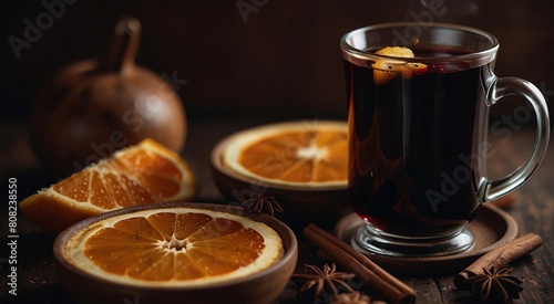 Cup of mulled wine with oranges, close-up