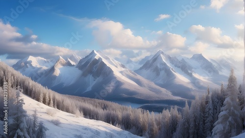 The image captures the natural beauty of snow-capped peaks and dense taiga forests, showcasing the serene and majestic landscape.