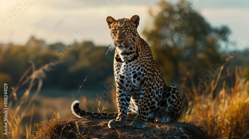 A leopard, panthera pardus, sits on a mound, direct gaze.
