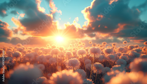 Fantastic sunset landscape with an incredible dandelion field lit by warm sun rays. Beauty in Nature concept image