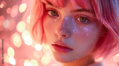 Close-up portrait of a young woman with pink hair and glittery makeup on a bokeh light background, exuding a dreamy and festive atmosphere. It's time for a summer party.
