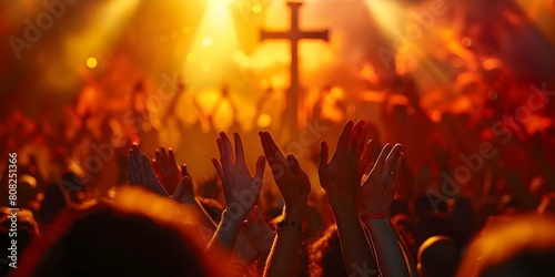 Praising God with D cross background at Christian gathering. Concept Christian Gathering, Praise the Lord, Cross Background, Worship, Spirituality